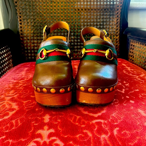 COPY - GUCCI HORSEBIT BROWN LEATHER MULES WITH ANKLE STRAP, GOLD STUDDED DETAIL - Picture 2 of 10